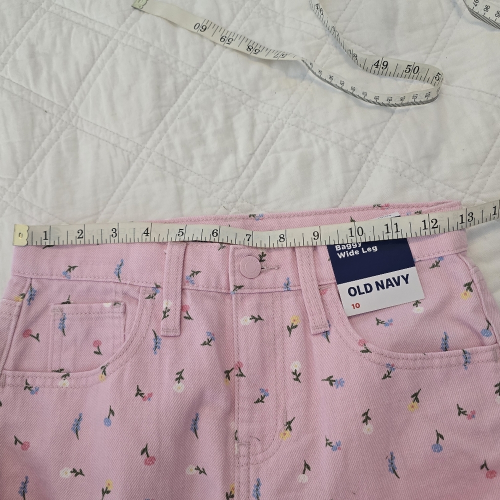 Old Navy Pastel Pink Floral High-Waisted Baggy Wide-Leg Jeans Girls Size 10 - Picture 7 of 10